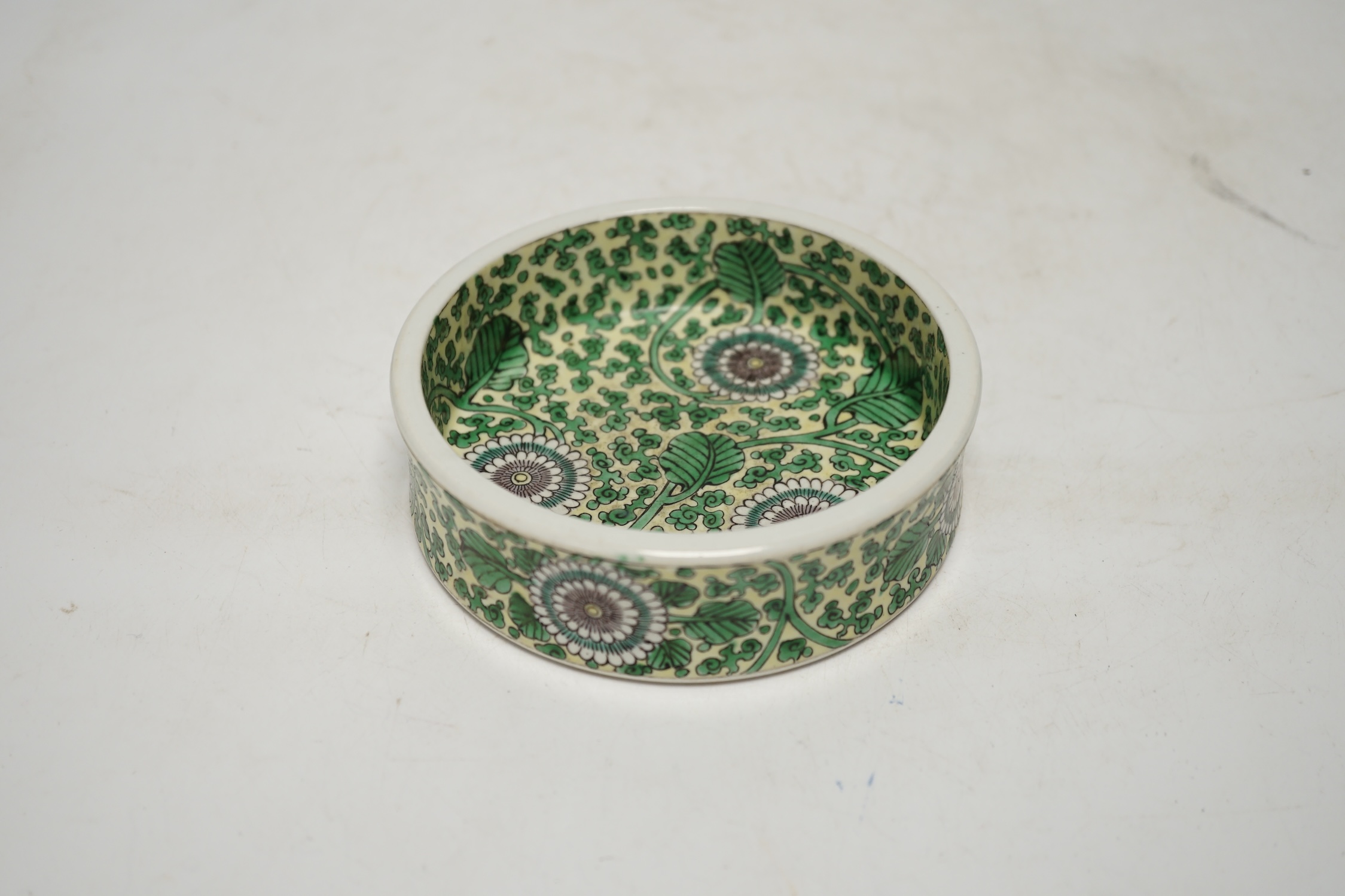 A Chinese famille verte yellow glazed brush washer, Kangxi mark, 19th century, 12.5cm. Condition - good